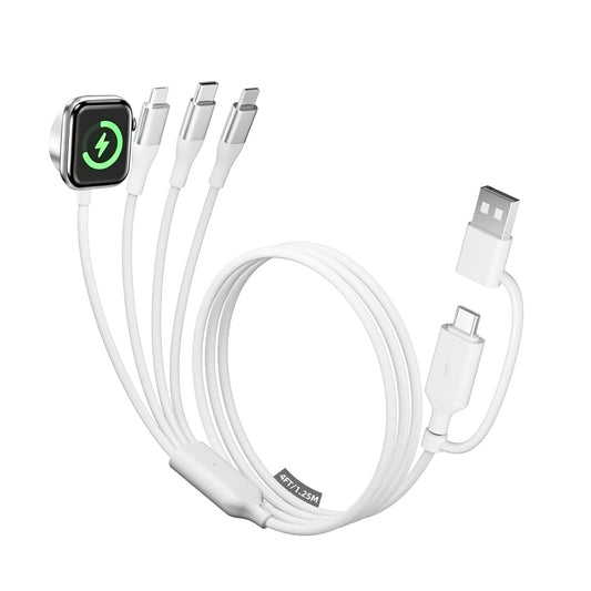 4-In-2 Multi Charging Cable with Smartwatch Charging, White, 4FT