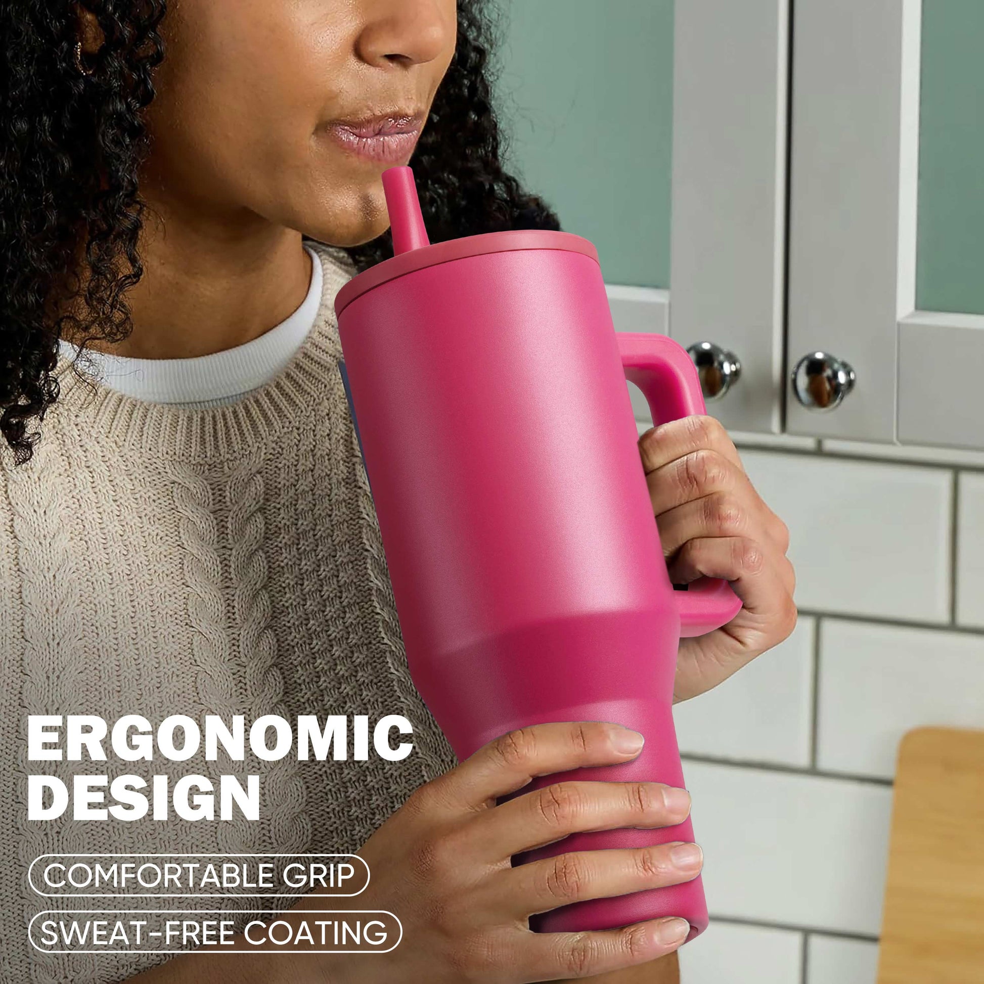 40Oz Fuchsia Large Vacuum-Insulated Tumbler with Lid, Reusable Stainless Steel Water Bottle with Handle Flip Straw Rubber Base, Leak Resistant Travel Coffee Mug for Home Office Gym