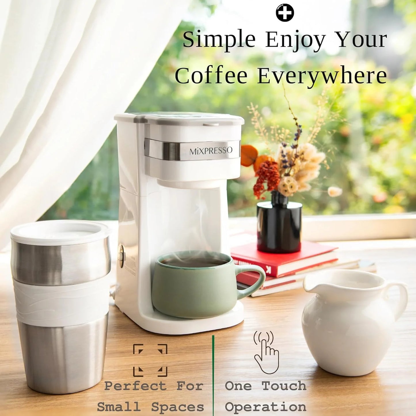 Single Serve Coffee Maker Ground Coffee and 14Oz Travel Mug White