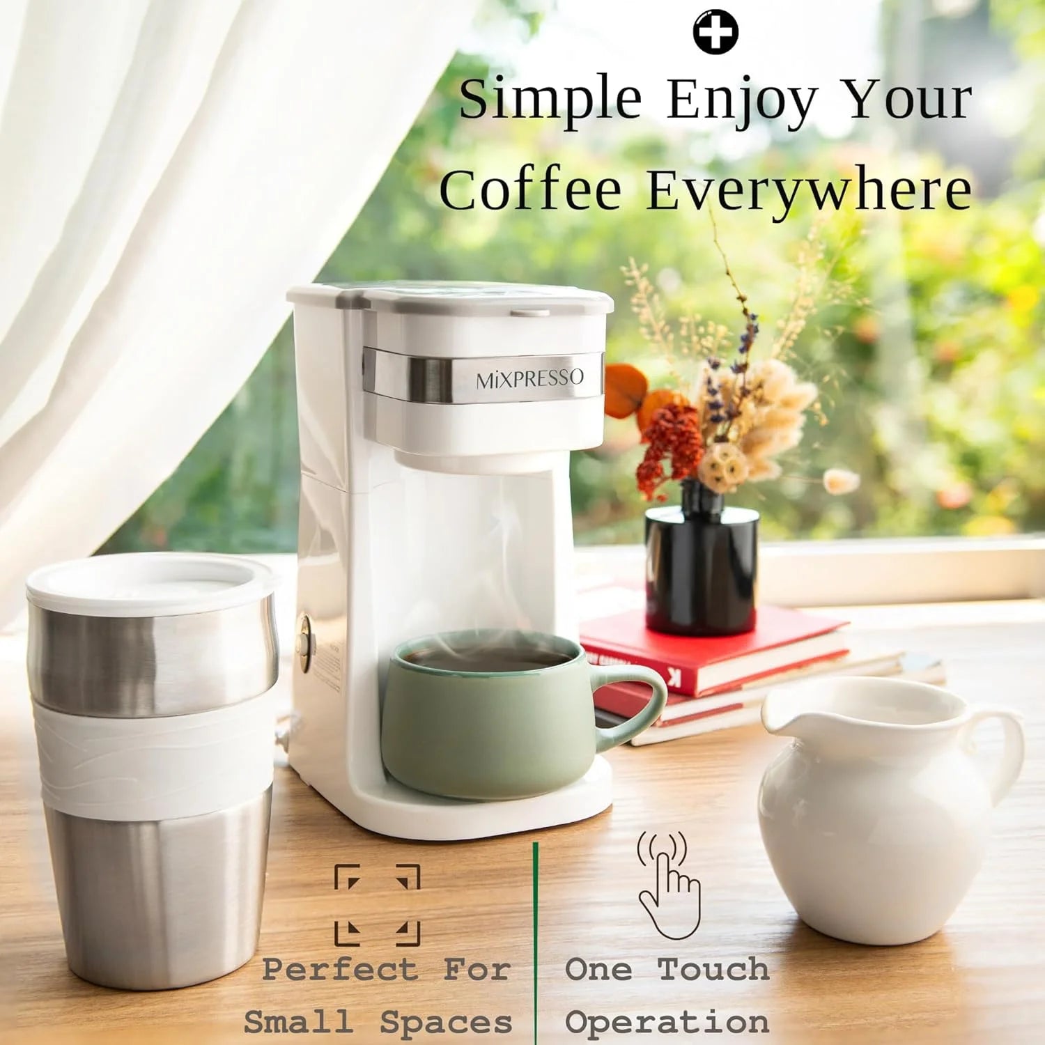 Single Serve Coffee Maker Ground Coffee and 14Oz Travel Mug White