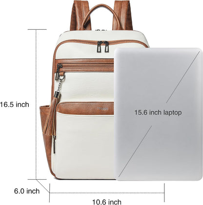 Leather Laptop Backpack for Women,Leather Backpack with Laptop Compartment Fit 15.6 Inch Laptops,Carry-On Travel Backpacks,Casual Daypack for Work Business Weekender College,Beige