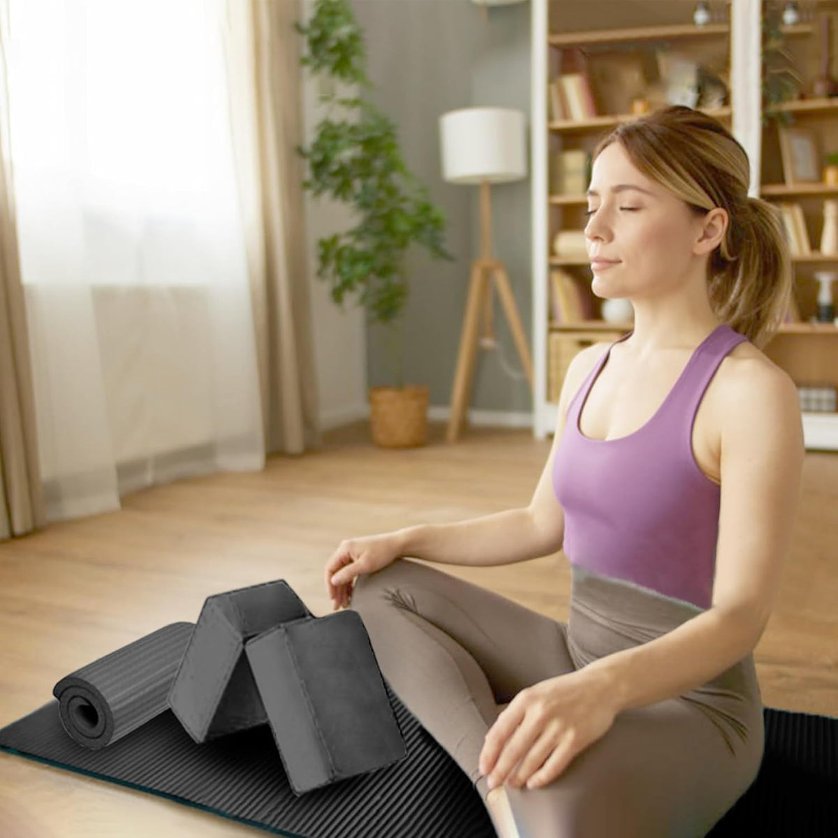 7-Piece Yoga Set with 71X24X0.5 Inches Extra Thick Mat and Carrying Sling – Includes 2 Blocks, Stretch Strap, 2 Towels, and Knee Pad for Home, Studio, and Gym Workouts