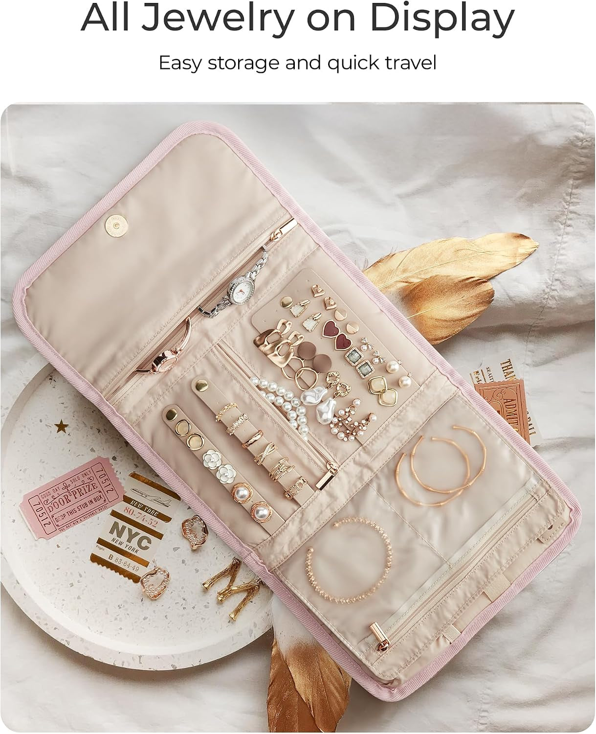 Travel Jewelry Organizer Case, Foldable Jewelry Roll for Necklaces, Earrings, Journey-Rings, Bracelets, Brooches, Portable, Teal