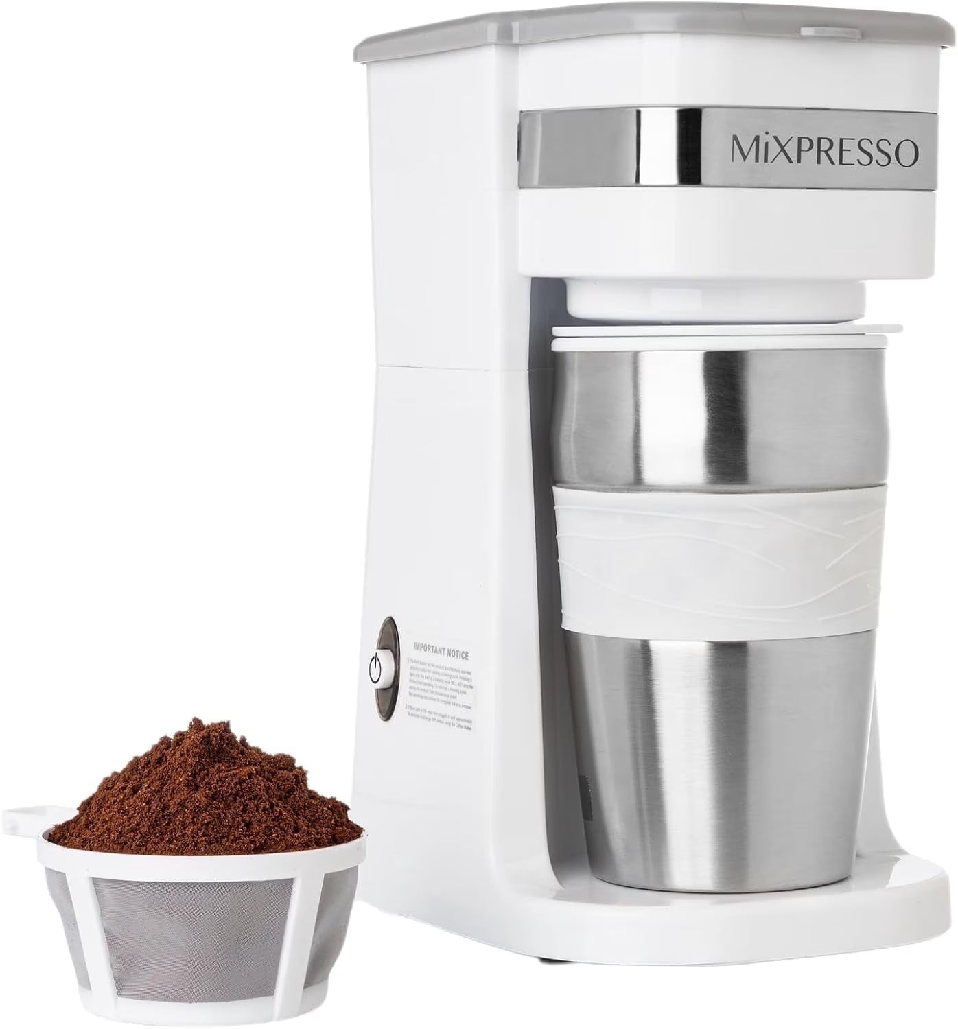 Single Serve Coffee Maker Ground Coffee and 14Oz Travel Mug White