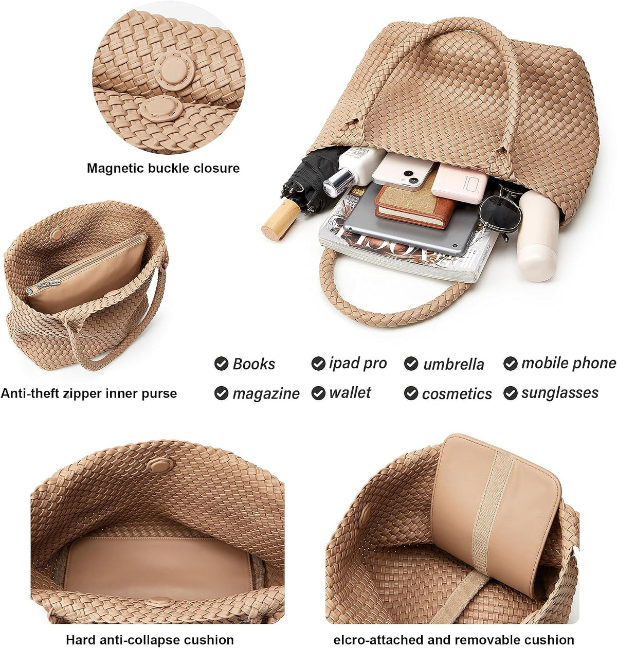 Woven Tote Bag for Women: Vegan Leather Purse for Weekend Travel