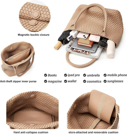 Woven Tote Bag for Women: Vegan Leather Purse for Weekend Travel