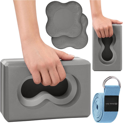 Yoga Blocks Wrist Support; Yoga Blocks 2 Pack with Knee Pads and Strap to Put Less Weight on Wrists; Durable, Versatile Yoga Brick Exercise Block Set, Blocks Yoga