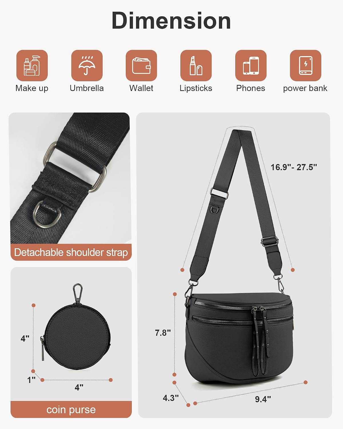 Crossbody Bags for Women, Bum Bag with Coin Purse, Vegan Leather Bum Bags for Women Crossbody Shoulder Bag (Black)