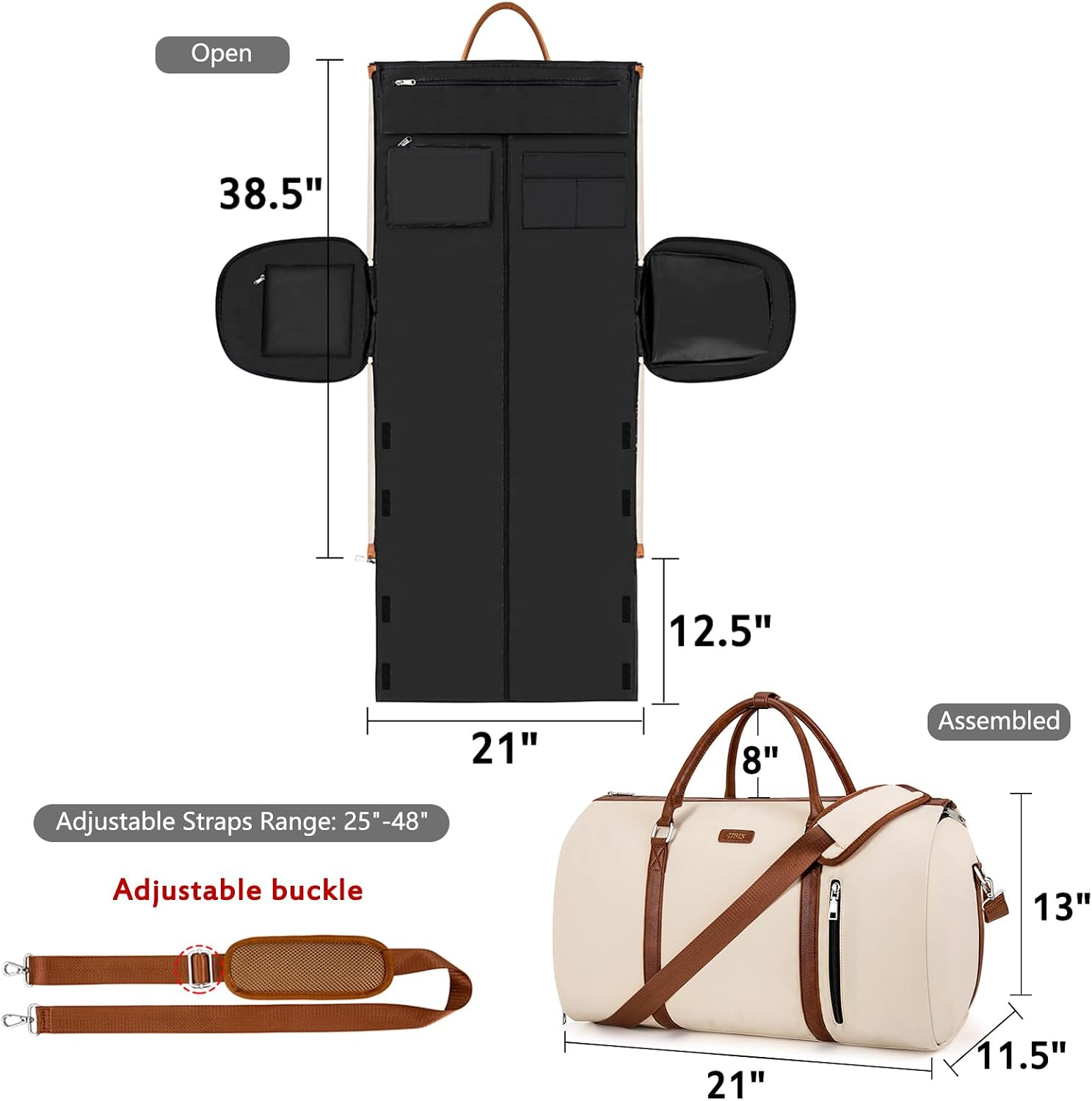 Convertible Garment Duffle Bags for Travel - Carry on Garment Bags with Toiletry Bag, Large Weekender Bags for Women Men 2 in 1 Hanging Suitcase Suit Travel Duffel (Off White)