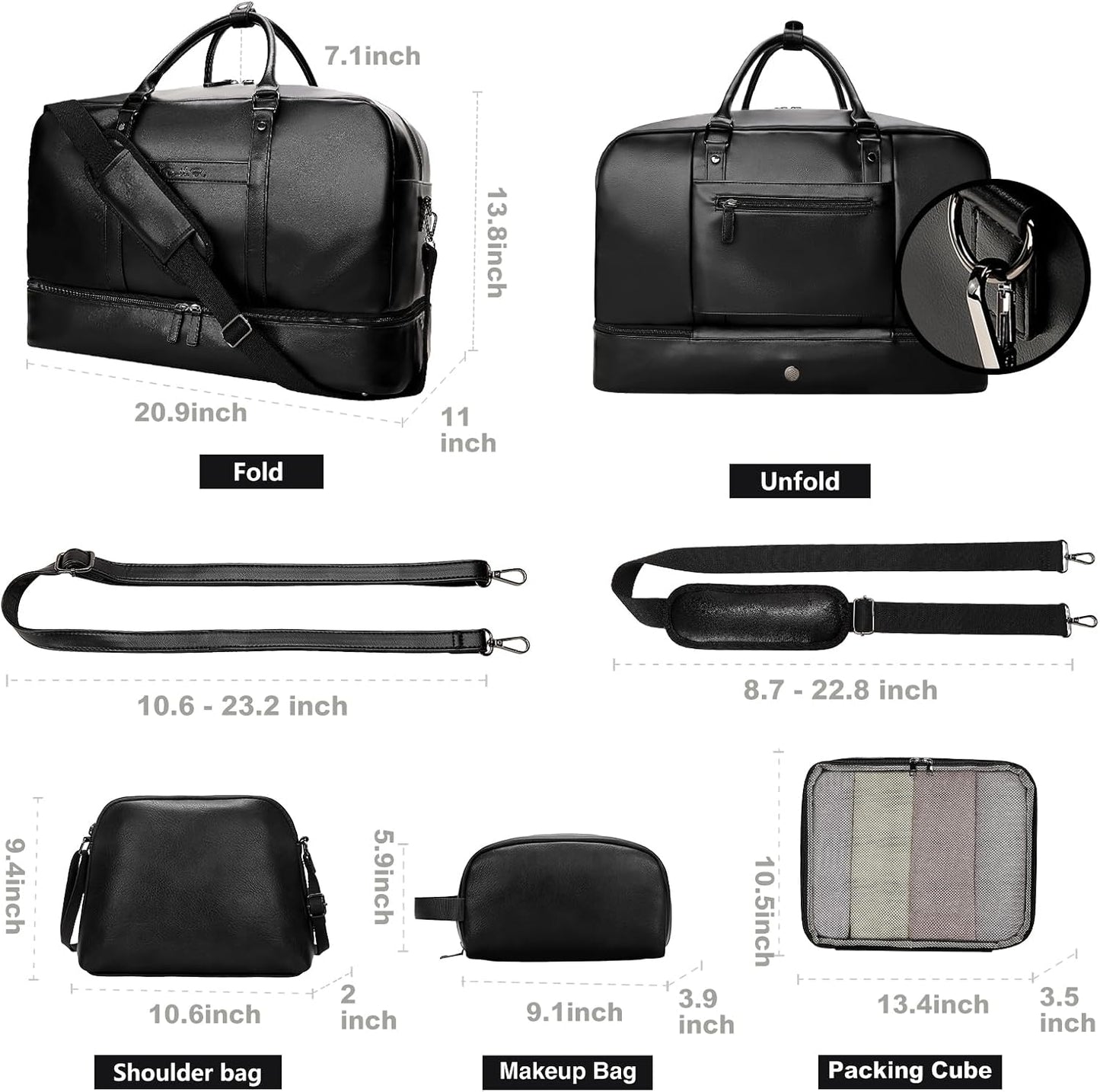 4‑PCS Leather Duffle Bag for Travel, Weekender Overnight Gym Bag Men Women