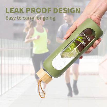 18 OZ Glass Water Bottles, Water Bottle with Time Marker (Green)