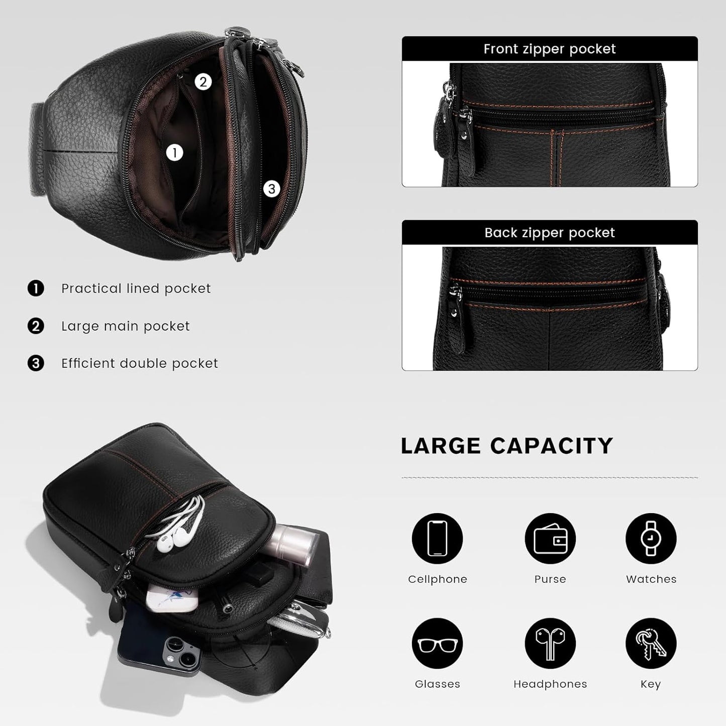 Genuine Leather Sling Crossbody Bag,Fashion Chest,Casual Shoulder Bag for Men Women Work Travel Cycling HB024