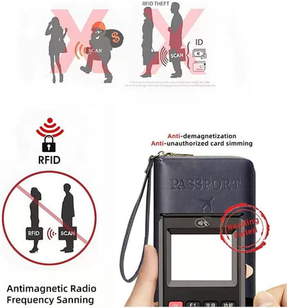 Multi-Functional RFID Passport Wallet,Travel Wallet for Men & Women,With Zipper, Anti-Theft Passport Holder，Slim Leather Cover for Credit Cards, Tickets, Cash (Brown)