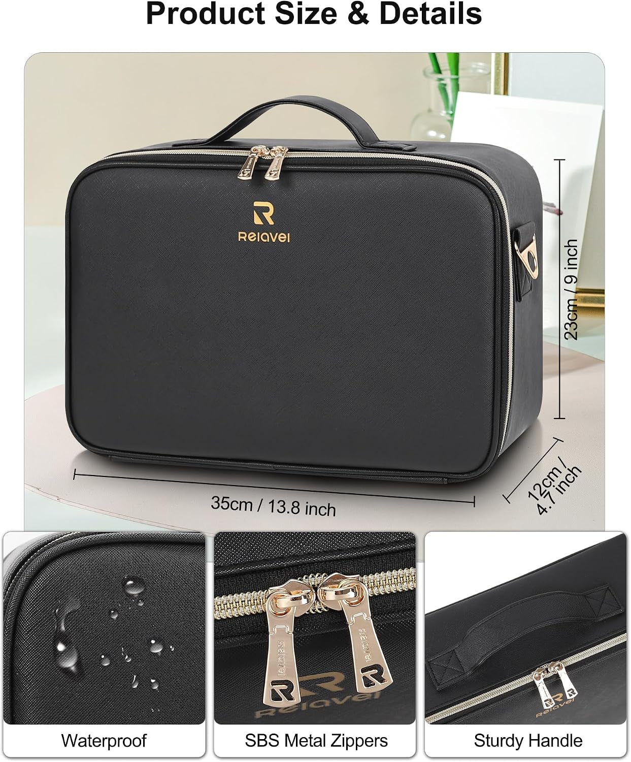 Makeup Train Case with LED Mirror, Professional Travel Cosmetic Bag with Removable Partitions,Compact Makeup Organizer, Waterproof Toiletry Case for Women, Black
