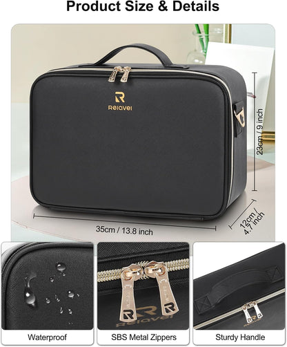 Makeup Train Case with LED Mirror, Professional Travel Cosmetic Bag with Removable Partitions,Compact Makeup Organizer, Waterproof Toiletry Case for Women, Black