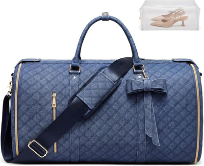 Garment Bags for Travel, Convertible Suit Travel Bag for Women, Stylish Carry on Garment Bag with Toiletry Pocket, Shoulder Strap & Shoes Compartment, 2 in 1 Foldable PU Leather Duffle Bag, Navy Blue