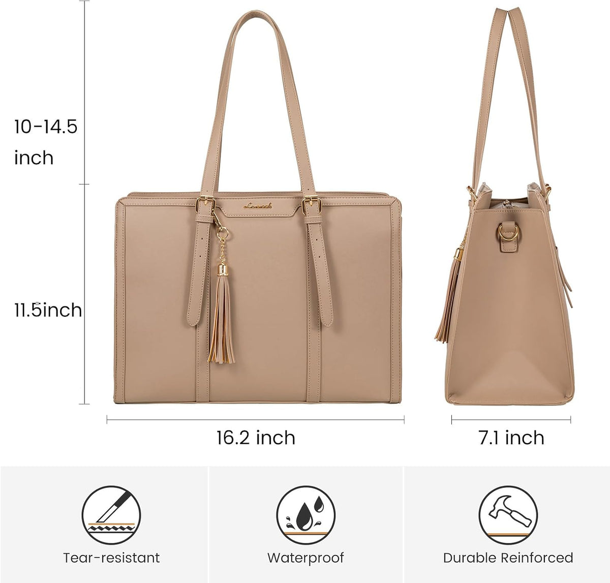 Laptop Bag for Women 15.6 Inch Lightweight PU Laptop Tote Bag, Large Capacity Computer Bag with Clutch Purse for Business, Work, Office, Travel,School，Casual（Light Brown，15.6 Inch）