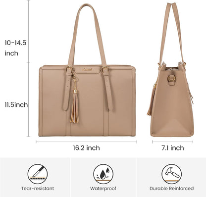 Laptop Bag for Women 15.6 Inch Lightweight PU Laptop Tote Bag, Large Capacity Computer Bag with Clutch Purse for Business, Work, Office, Travel,School，Casual（Light Brown，15.6 Inch）