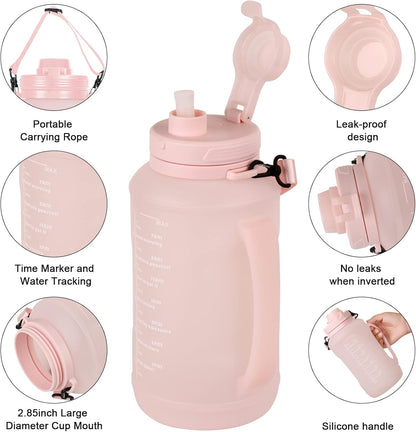 Collapsible Water Bottles, 2L/64OZ Travel Water Bottle Bottle with Straw, Half Gallon Large Water Bottle for Travel Outdoor Sports Runing Fitness Yoga (Upgraded Pink)