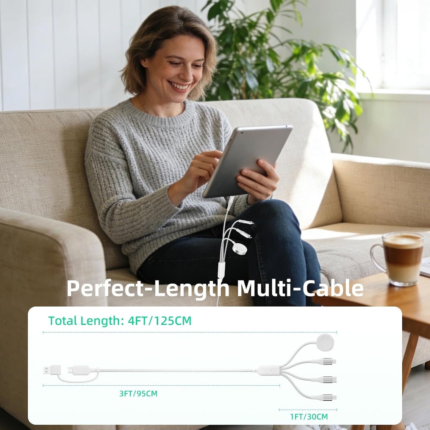 4-In-2 Multi Charging Cable with Smartwatch Charging, White, 4FT