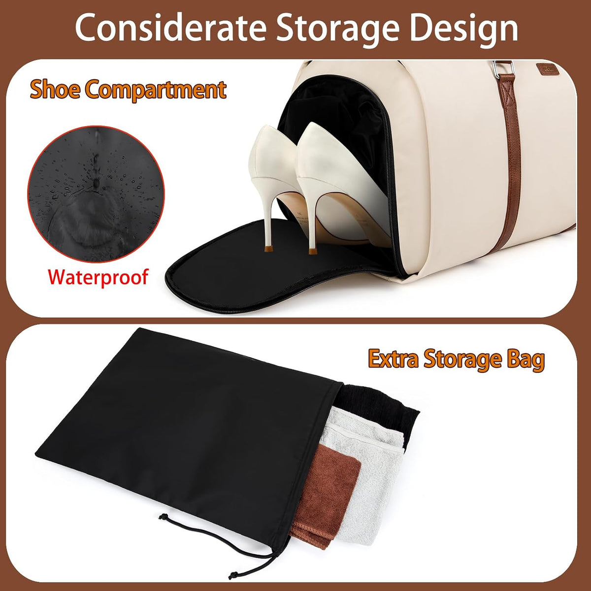 Convertible Garment Duffle Bags for Travel - Carry on Garment Bags with Toiletry Bag, Large Weekender Bags for Women Men 2 in 1 Hanging Suitcase Suit Travel Duffel (Off White)