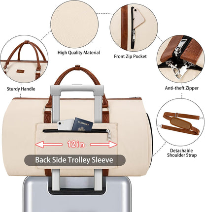 Convertible Garment Duffle Bags for Travel - Carry on Garment Bags with Toiletry Bag, Large Weekender Bags for Women Men 2 in 1 Hanging Suitcase Suit Travel Duffel (Off White)