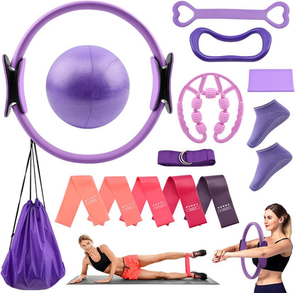 At Home Pilates Kit for Women, Home Workout Pilates Equipment Set with Pilates Ring, Ball, Resistance Band, Resistance Bands, Yoga Strap, Bag, Pilates Essentials Kit for Starter, Beginners