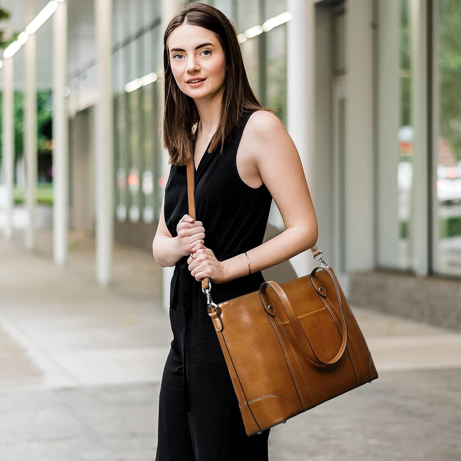 Leather Tote Bag for Women Large Work Shoulder Handbag with Zipper