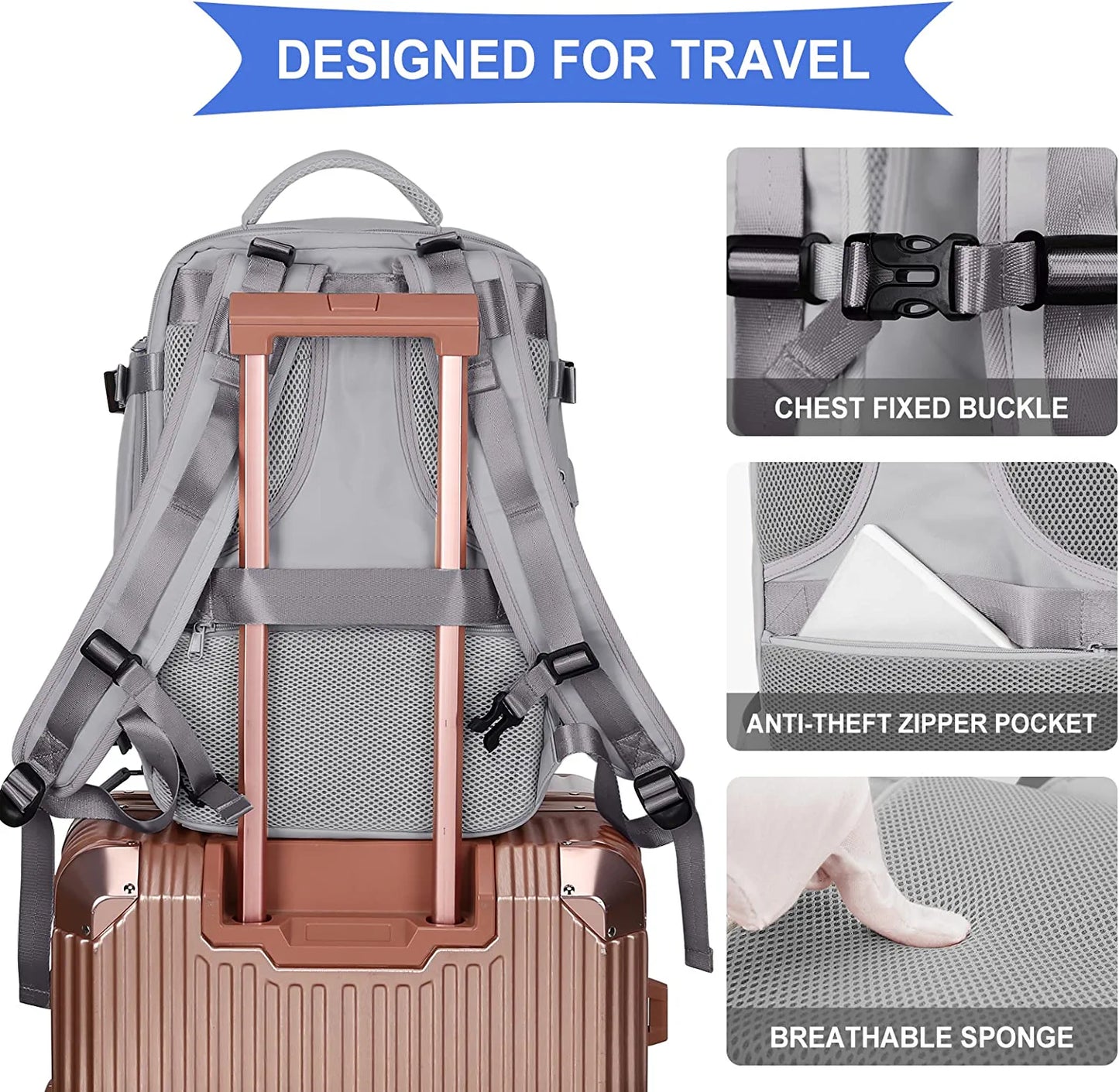 Large Backpack for Women , Men Carry on Backpack,Hiking Backpack Waterproof Outdoor Sports Casual Daypack, College Backpack School Bag Gray