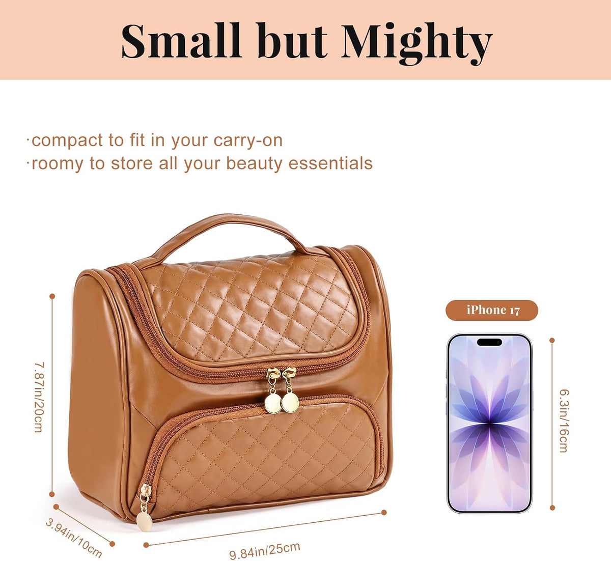 Cosmetic Bags for Women，Hanging Toiletry Bag with Makeup Brush Womens Travel Toiletry Bag for Women Essentials Travel Organizer for Full Sized Cosmetics and Toiletries Brown