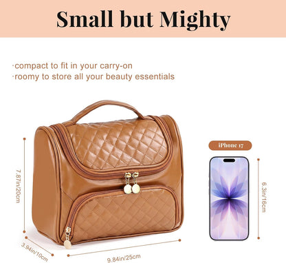 Cosmetic Bags for Women，Hanging Toiletry Bag with Makeup Brush Womens Travel Toiletry Bag for Women Essentials Travel Organizer for Full Sized Cosmetics and Toiletries Brown