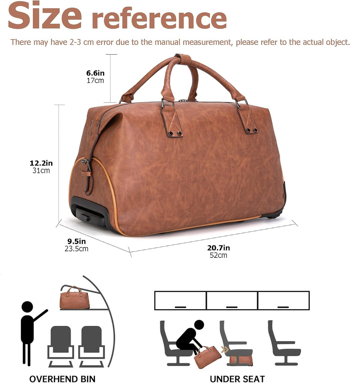 PU Leather Rolling Duffel Bag, Waterproof Weekender with Wheels