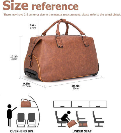 PU Leather Rolling Duffel Bag, Waterproof Weekender with Wheels