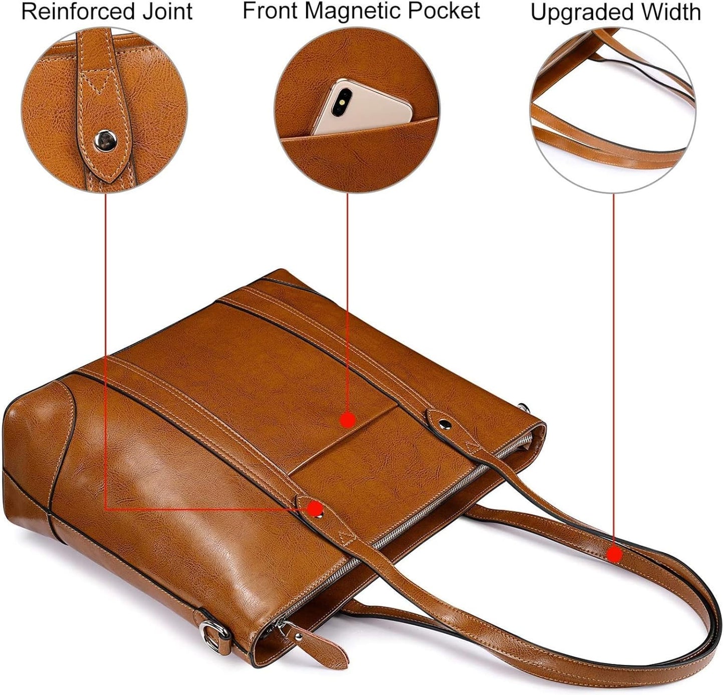 Leather Tote Bag for Women Large Work Shoulder Handbag with Zipper