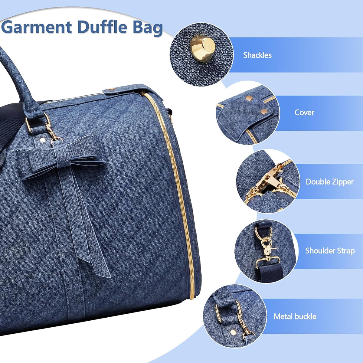 Garment Bags for Travel, Convertible Suit Travel Bag for Women, Stylish Carry on Garment Bag with Toiletry Pocket, Shoulder Strap & Shoes Compartment, 2 in 1 Foldable PU Leather Duffle Bag, Navy Blue