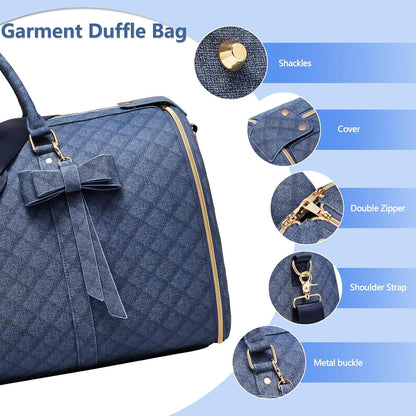 Garment Bags for Travel, Convertible Suit Travel Bag for Women, Stylish Carry on Garment Bag with Toiletry Pocket, Shoulder Strap & Shoes Compartment, 2 in 1 Foldable PU Leather Duffle Bag, Navy Blue