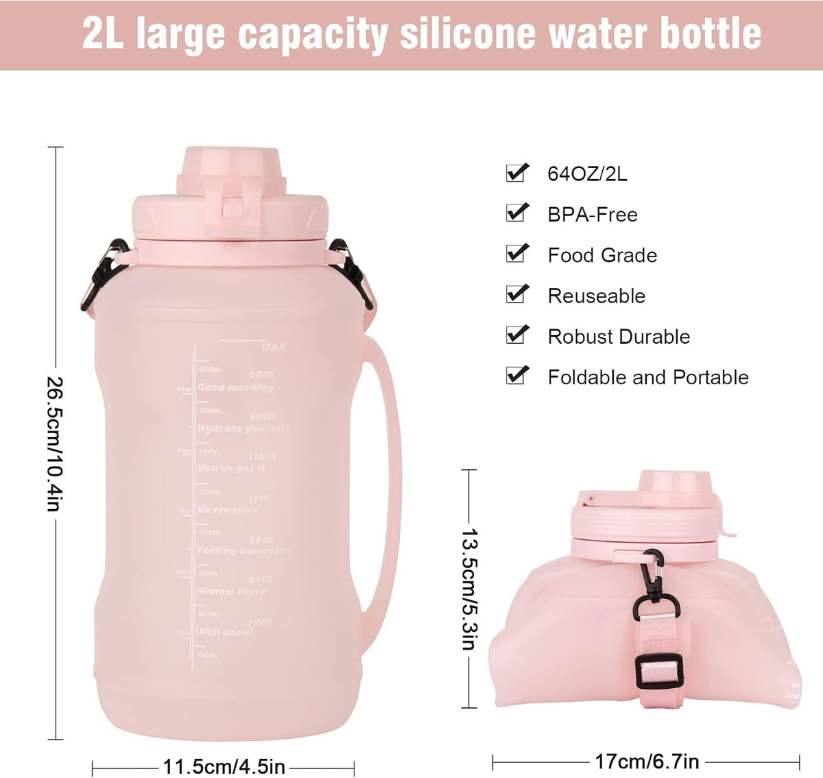 Collapsible Water Bottles, 2L/64OZ Travel Water Bottle Bottle with Straw, Half Gallon Large Water Bottle for Travel Outdoor Sports Runing Fitness Yoga (Upgraded Pink)