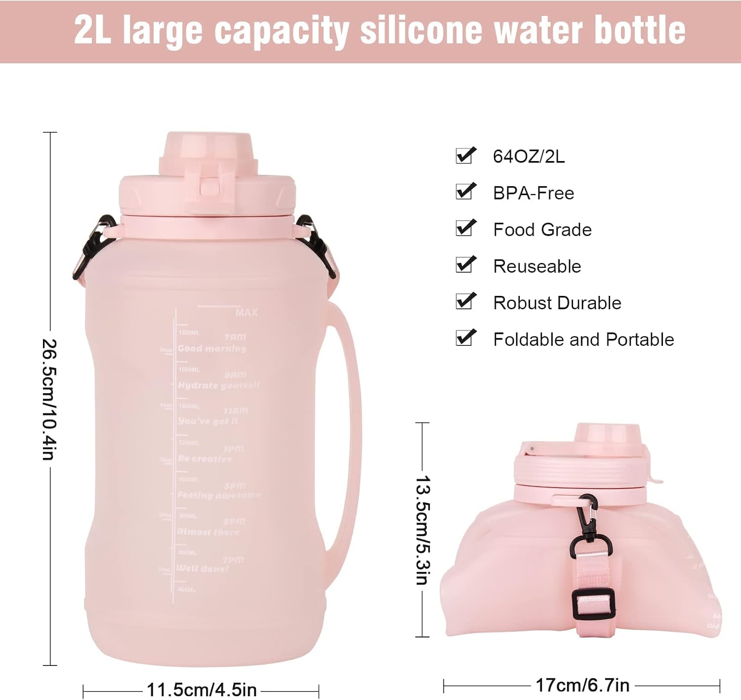 Collapsible Water Bottles, 2L/64OZ Travel Water Bottle Bottle with Straw, Half Gallon Large Water Bottle for Travel Outdoor Sports Runing Fitness Yoga (Upgraded Pink)