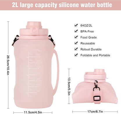 Collapsible Water Bottles, 2L/64OZ Travel Water Bottle Bottle with Straw, Half Gallon Large Water Bottle for Travel Outdoor Sports Runing Fitness Yoga (Upgraded Pink)