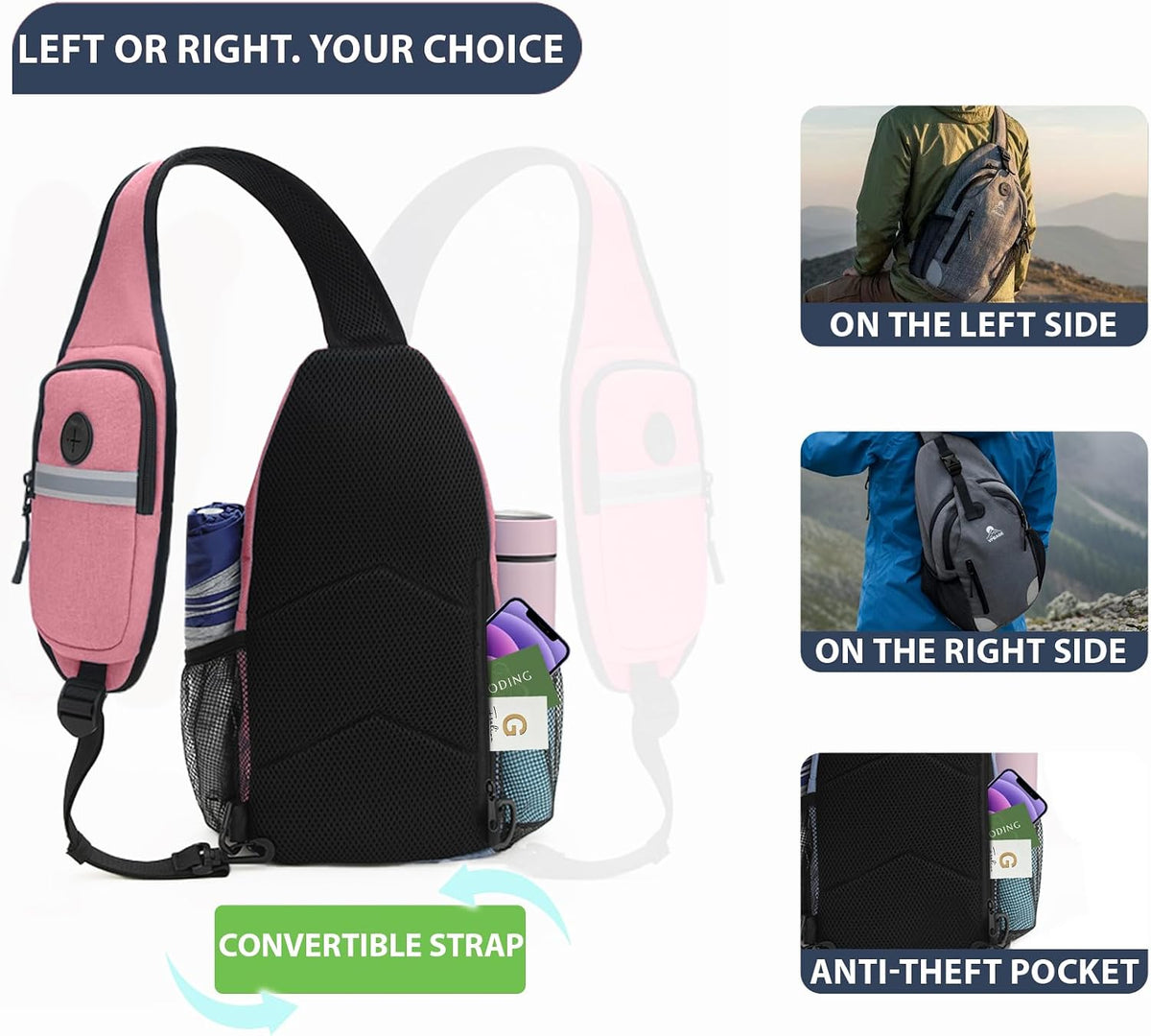 Sling Backpack for Women & Men, Crossbody Travel Bag with Water Bottle Holders, 17 Pockets, Quick-Access Phone Pocket, Hidden Security Pocket, Fits 11" Tablet, for Daily Carry, Travel, Theme Parks