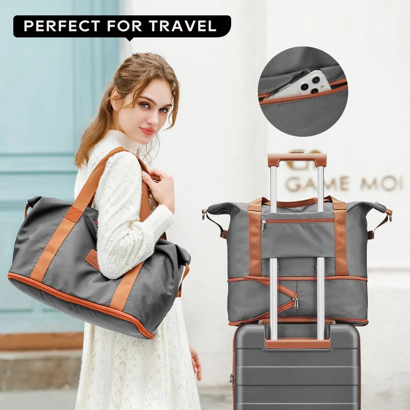 2 Piece Travel Duffel Bag Set Waterproof Carry-On Weekender Bag with Toiletry Bag, Lightweight Expandable Overnight Luggage for Women & Men
