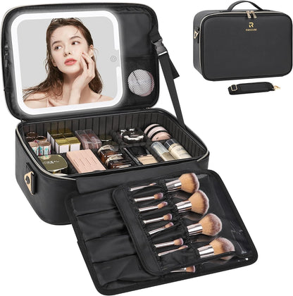 Makeup Train Case with LED Mirror, Professional Travel Cosmetic Bag with Removable Partitions,Compact Makeup Organizer, Waterproof Toiletry Case for Women, Black