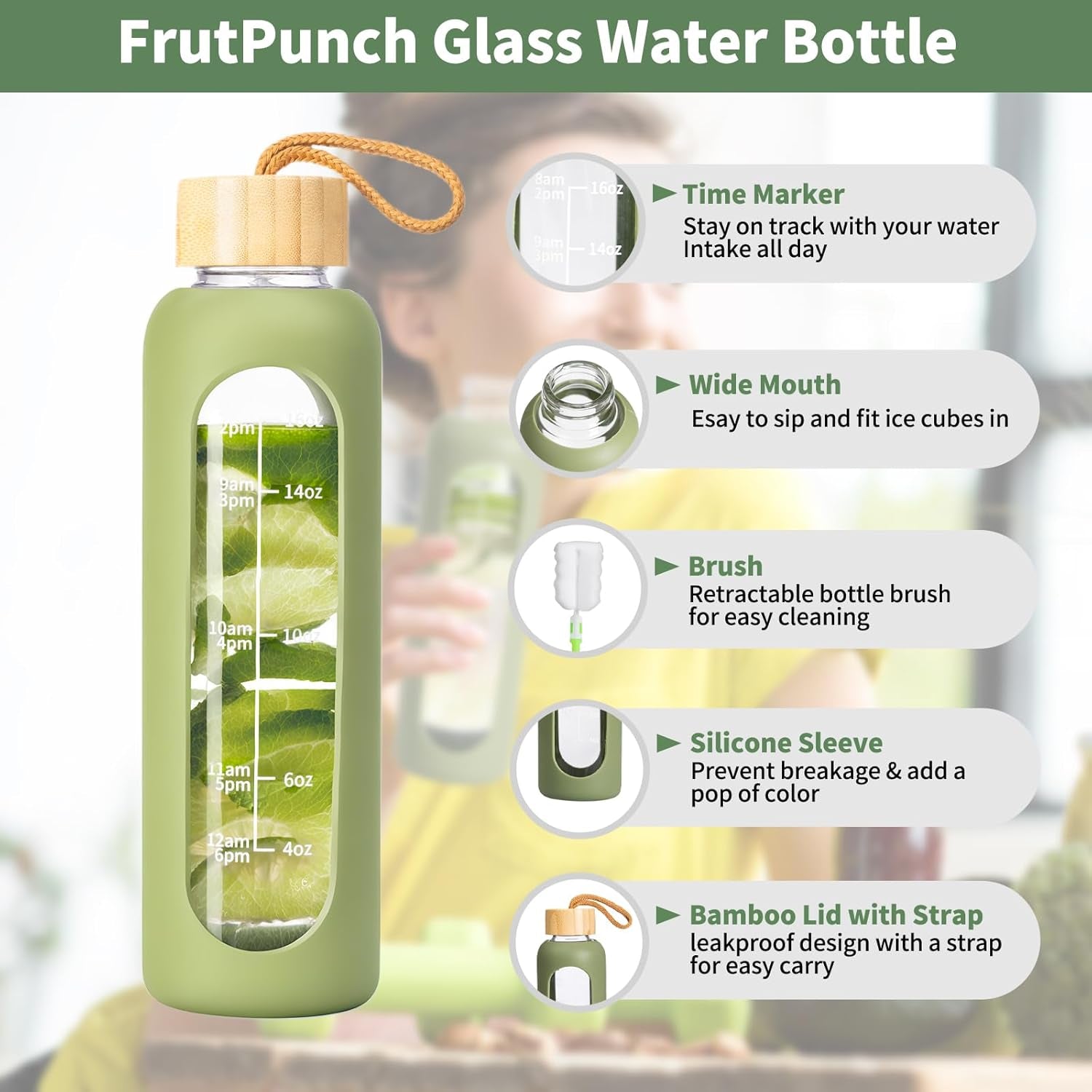 18 OZ Glass Water Bottles, Water Bottle with Time Marker (Green)