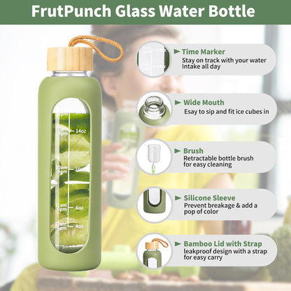 18 OZ Glass Water Bottles, Water Bottle with Time Marker (Green)