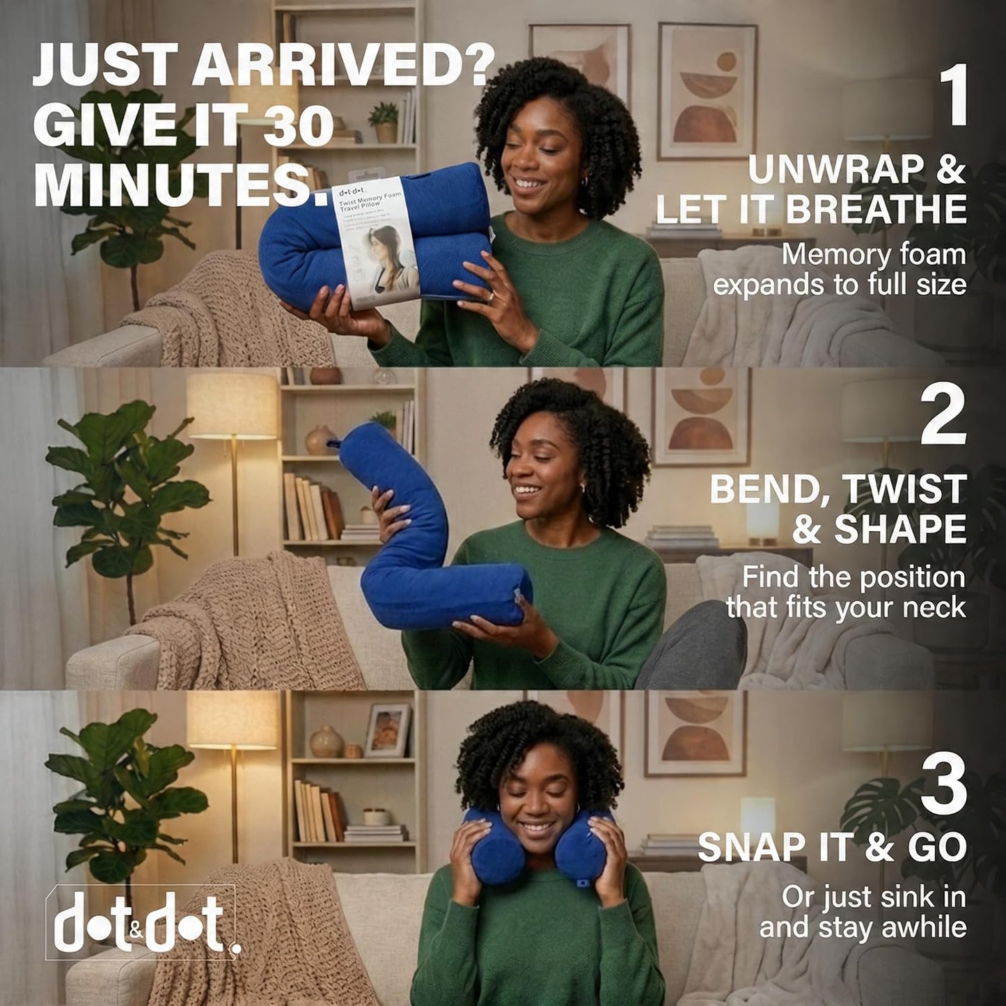 Twist Memory Foam Travel Pillow, Bendable Neck Pillow for Airplane, Car and Home, 26-Inch Adjustable Roll with Washable Cotton Cover, Sapphire