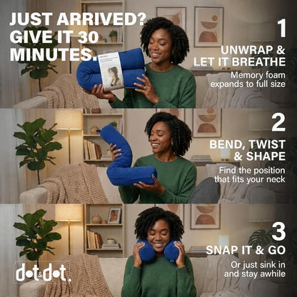 Twist Memory Foam Travel Pillow, Bendable Neck Pillow for Airplane, Car and Home, 26-Inch Adjustable Roll with Washable Cotton Cover, Sapphire