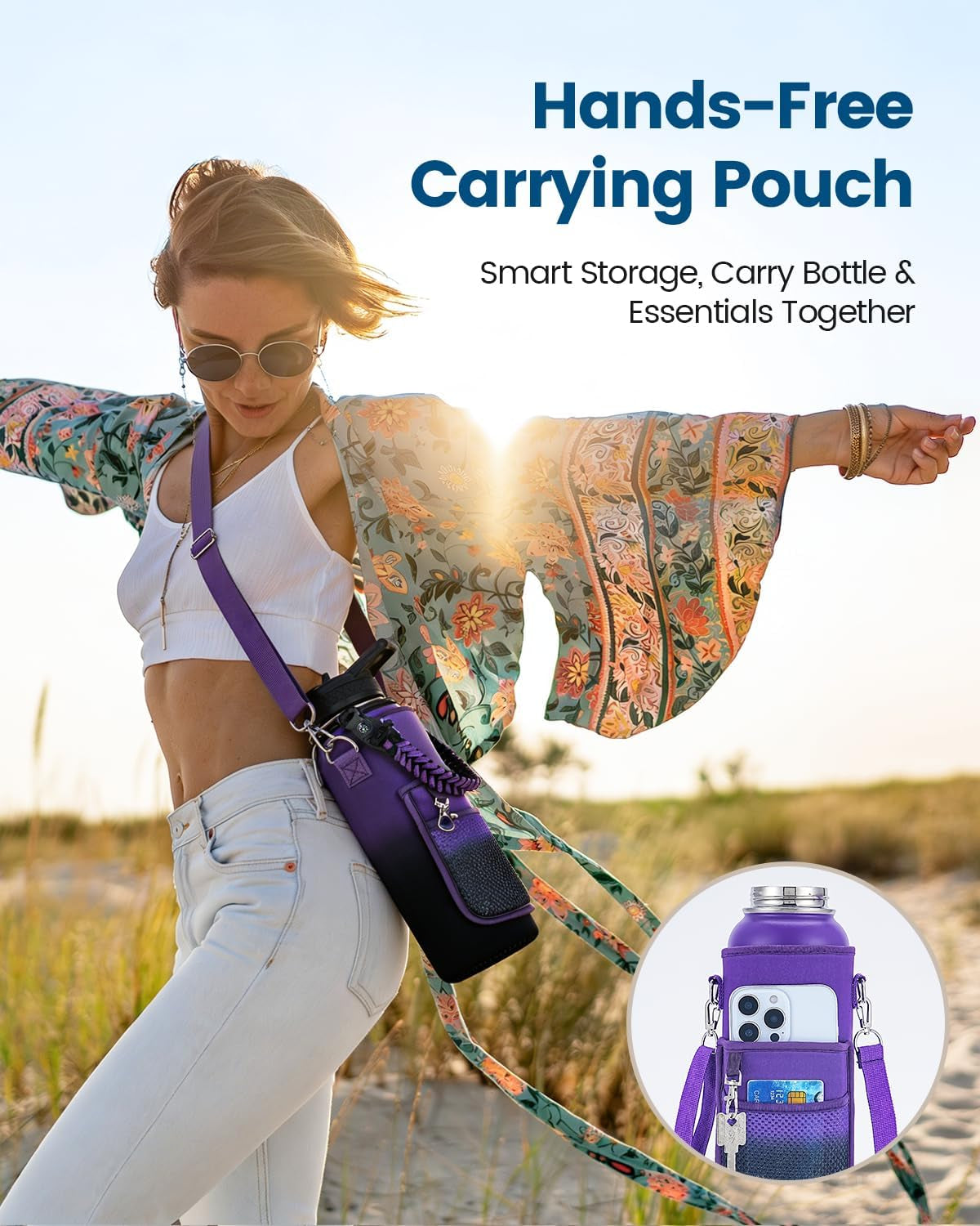 Insulated Water Bottle 40 Oz with Carrier Bag, Purple/Black
