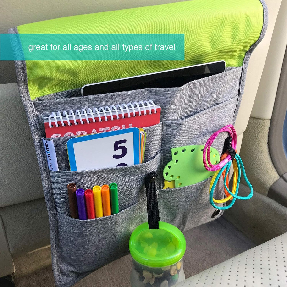 Airplane Pocket Organizer | Tray Table Cover | in Flight Seat Back Organizer Bag | Commuter Essential Travel Bag | Media Pouch for Flying | Travel Gift | Attaches to Luggage (Black)