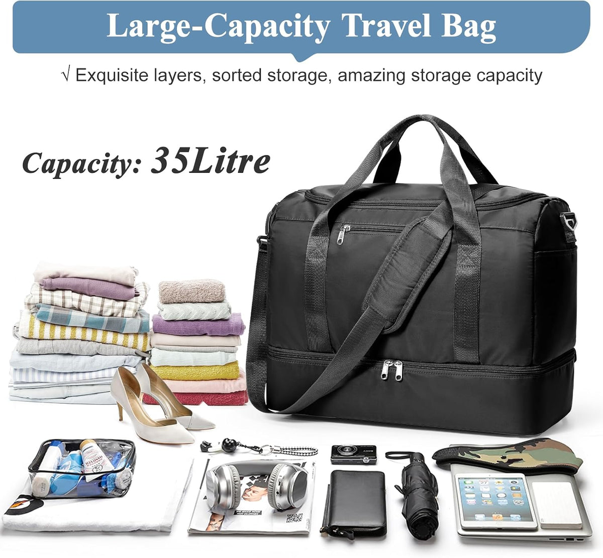 Travel Duffel Bag,Carry-On Overnight Weekender Bags with Shoes Compartment