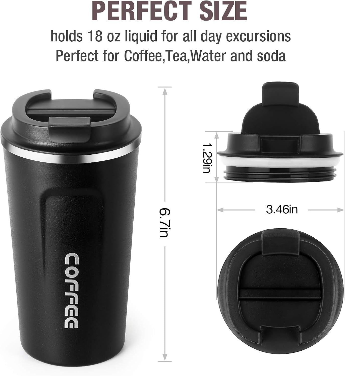 17Oz (510Ml) Vacuum Insulated Coffee Travel Mug, Leakproof Double Wall Stainless Steel Reusable Coffee Cup with Lid for Hot & Cold Drinks, Matte Texture Black